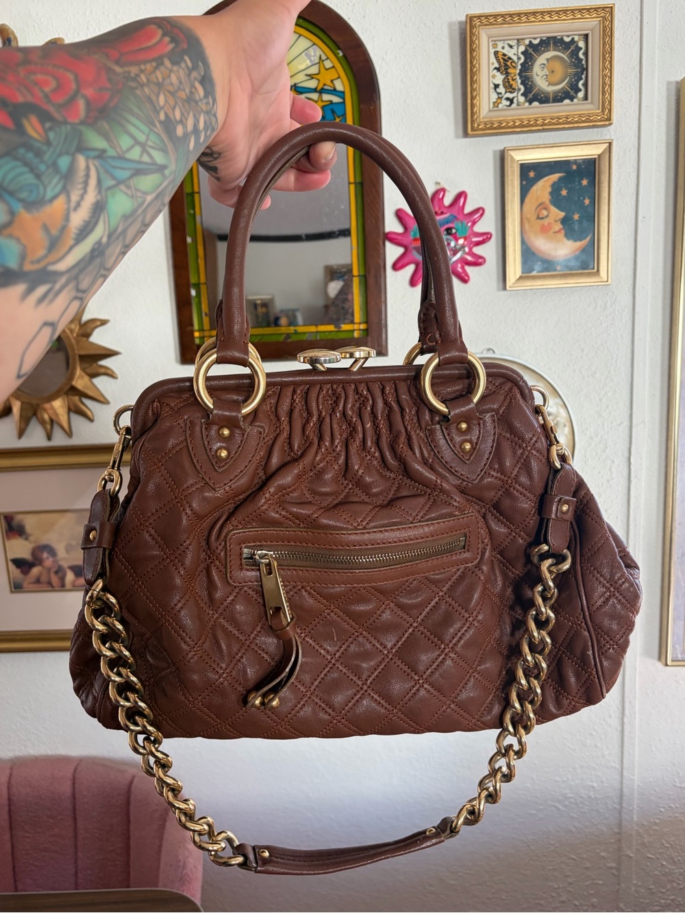 Marc Jacobs Stam Purse Satchel Frame Handbag Brown Quilted Leather Chain Strap